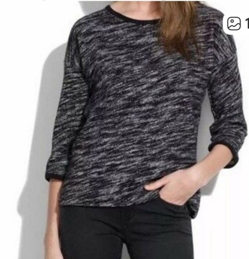 Madewell Women's Space Dye Knit 3/4 Sleeve Pullover Top Blouse Black White Sz M
